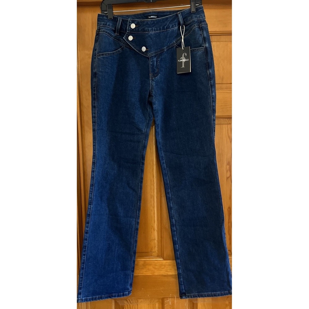 Flamingals Women's Boot Cut Jeans Asymmetrical Button Closure Sz Large
